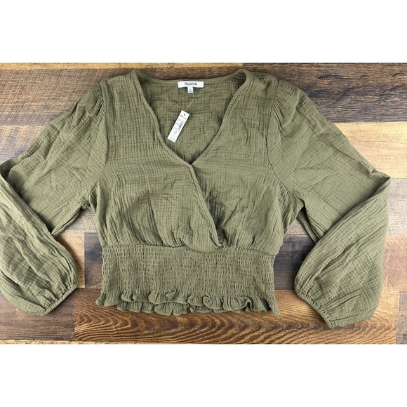 Madewell Tops - Madewell Women TOP L Boho Chic Cropped Olive Green Smock Waisted Peasant‎ Sleeve